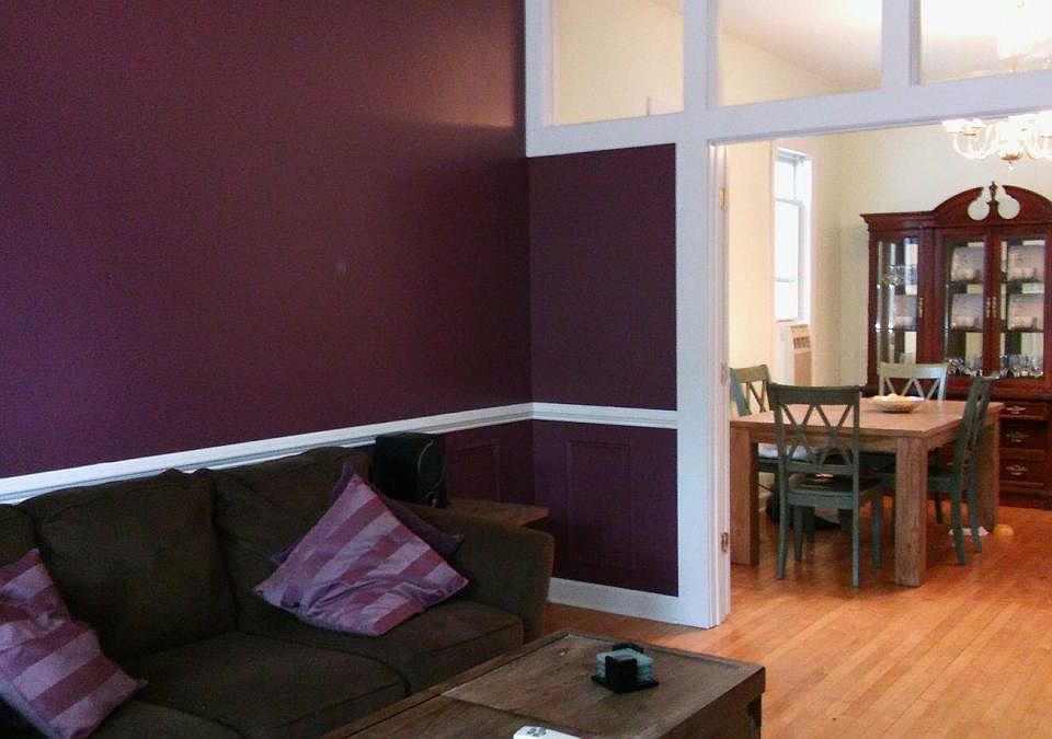 Living area, newly remodeled with chair rail and panels