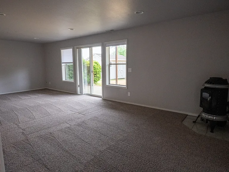 Basement living room. Pellet stove not functional