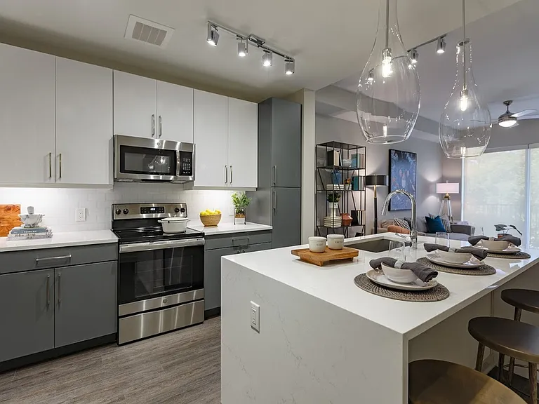 Kitchen Islands with Waterfall Vicostone Marble-Effect Quartz Countertops (St. Arnold A Floorplan)