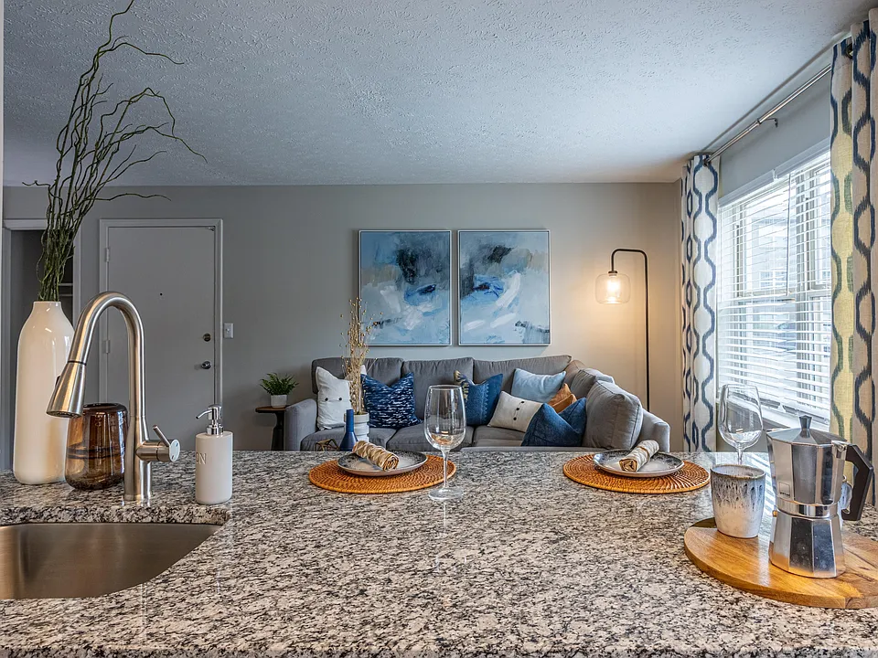 Kitchen with granite counters & deep stainless sink