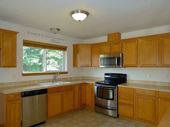 Stainless steel appliances and a nice view from kitchen window.