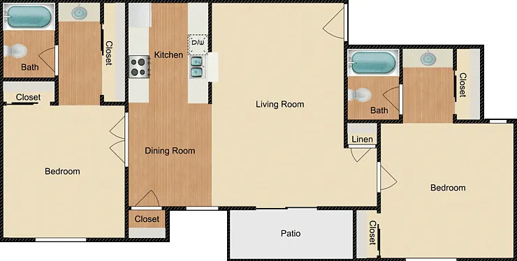 2 Bed 2 Bath Floorplan Diagram