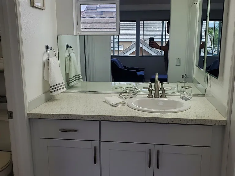 Bright bathroom sink area.