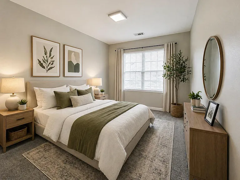 Well-appointed bedroom with a full bed, nightstands, dresser, and a large window with curtains for natural light.