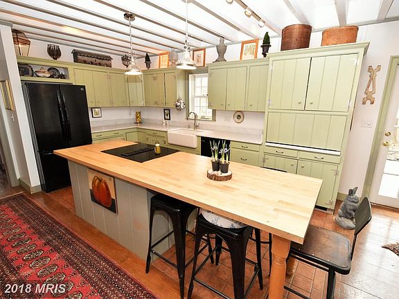 Butcher Block Island Kitchen, Bead Board Cabinets