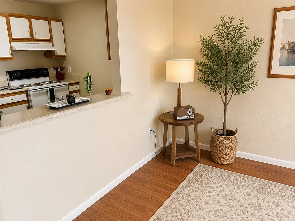 Open living spaces. Living area featuring wooden floors looking into kitchen.