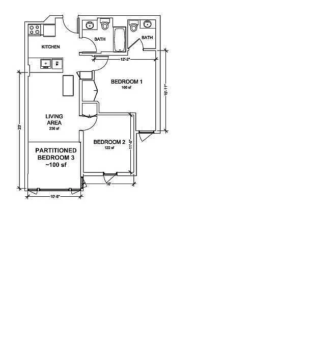Floor plan Fully Furnished 2 Plus Bed w Partitioned 3rd Bed