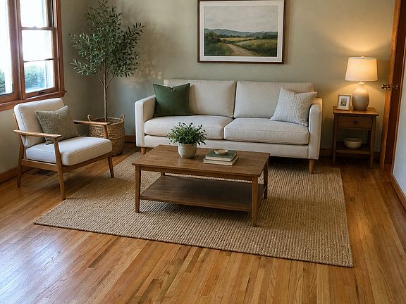 Living room upper, next to the kitchen with furniture. Hardwood floors.