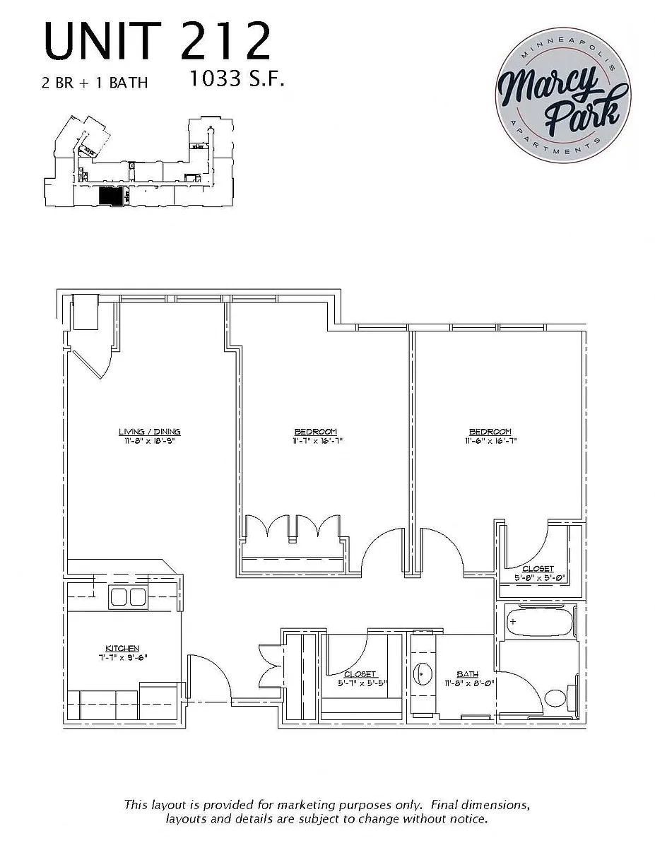 Floor plan 2 Bedroom 1 Bath (212)