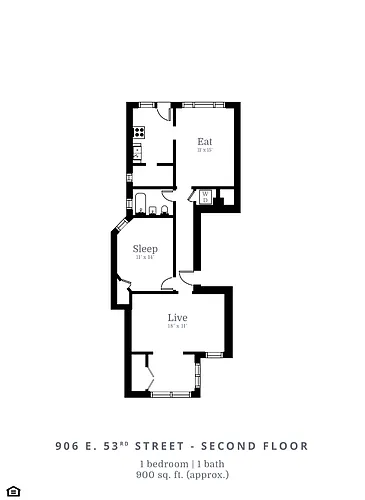 Floor plan 1 Bedroom, 1 Bathroom B1