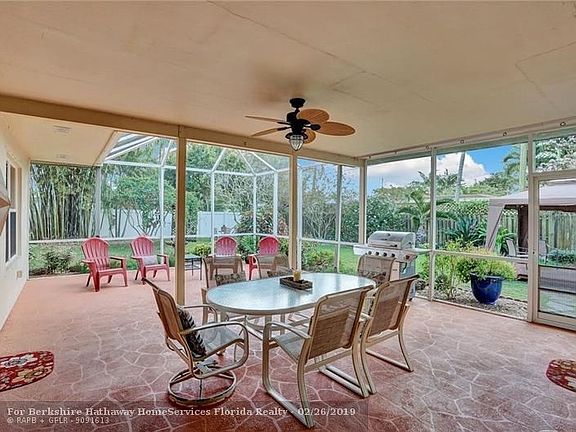Roofed and Screened Patio Extends living space off Kitchen and Family Room