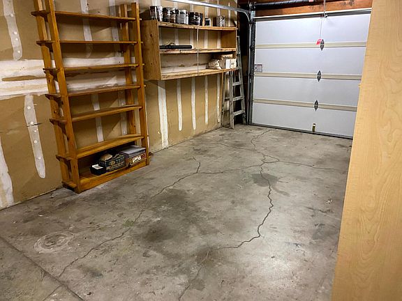 Garage and attached shelving.