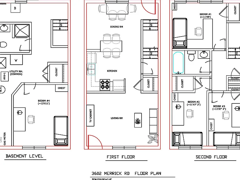 Floor plan for the 3 levels. Bedroom #2 on the 2nd floor is available for rent.