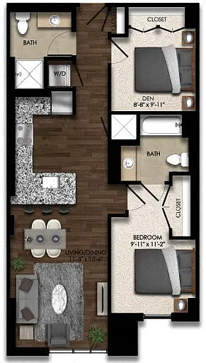 Floor plan 1 Bed/2 Bath Den-1E