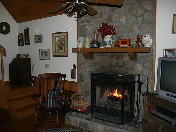 A wood burning fireplace