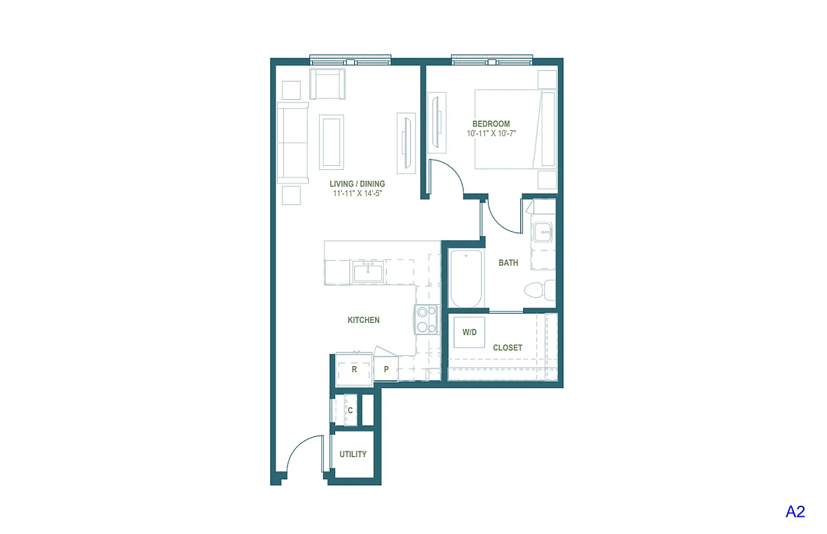 Floor plan A2 | 1 Bed | 1 Bath