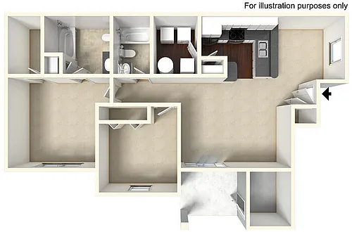 Floor plan Two Bedroom - Upper w/ Fireplace & Storage