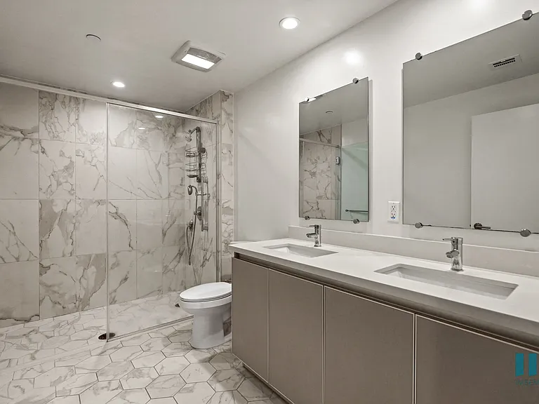 Bathroom with Large-Size Walk-In Shower and Double-Sink Vanity