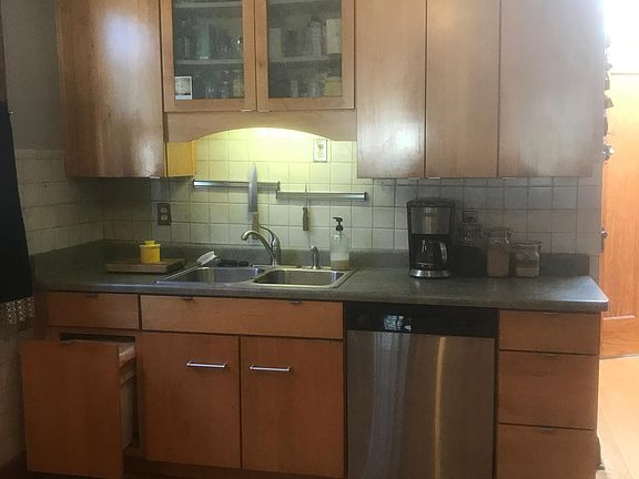 Dishwasher at right, to left there is a pull out drawer with bins for garbage and recycling.