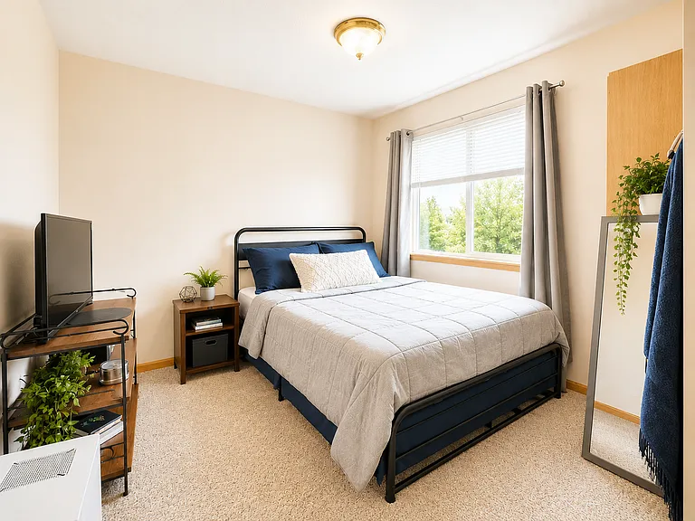 Cozy modern bedroom with neutral tones