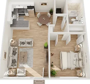 A fully renovated one bedroom where every surface is new: quartz counters, an undermount sink, stainless steel appliances, a dishwasher, a disposal, new plank flooring, LED lighting, and semi-walk-in closets. The washer and dryer are already installed in 