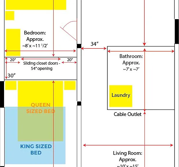 Both bedrooms accommodate a queen and the larger fits a king. See the floor plan layout