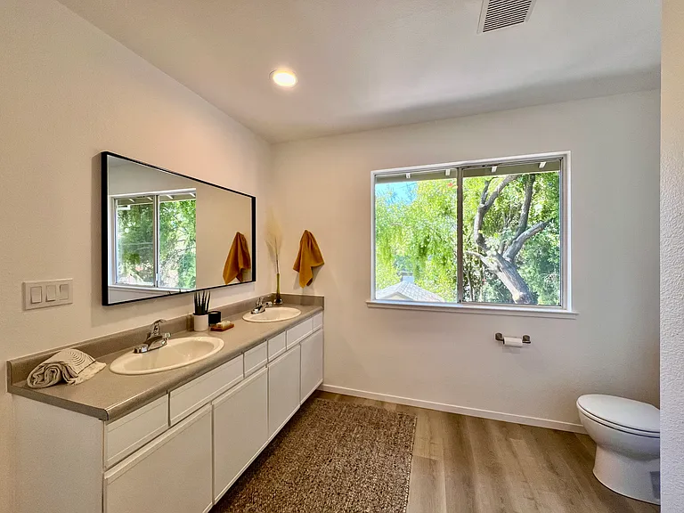 Upstairs bathroom with double-sink vanity