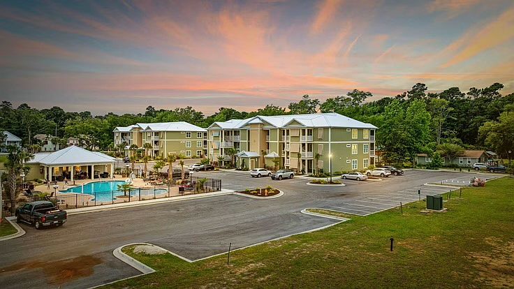 condo buildings and pool area