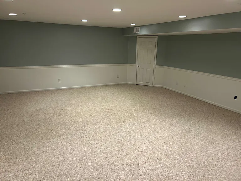 Big finished basement with a big storage area and a closet under the stairs.