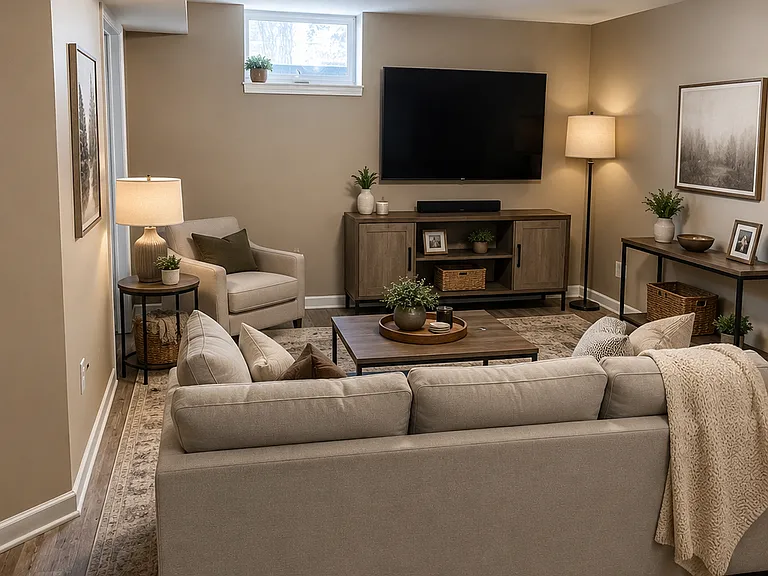Lower level family room with furniture