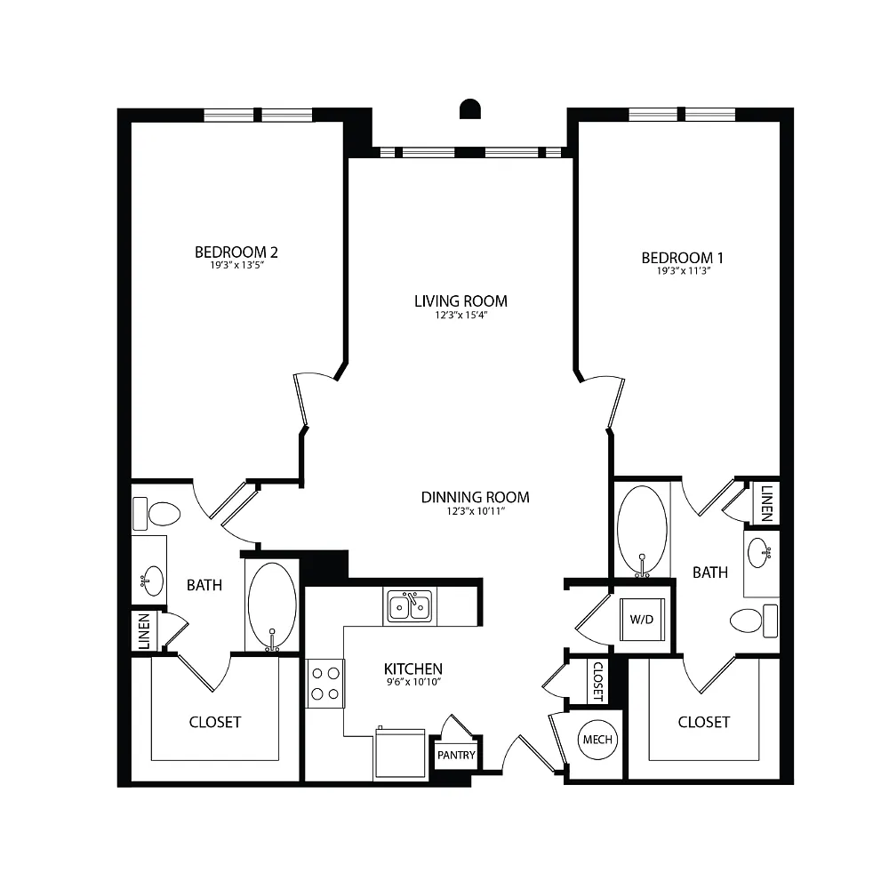 Floor plan 2 Bedroom, 2 Bath 1267 SF B3E