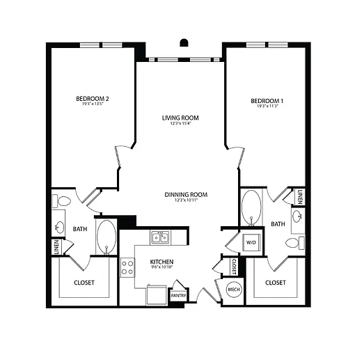 Floor plan 2 Bedroom, 2 Bath 1267 SF B3E
