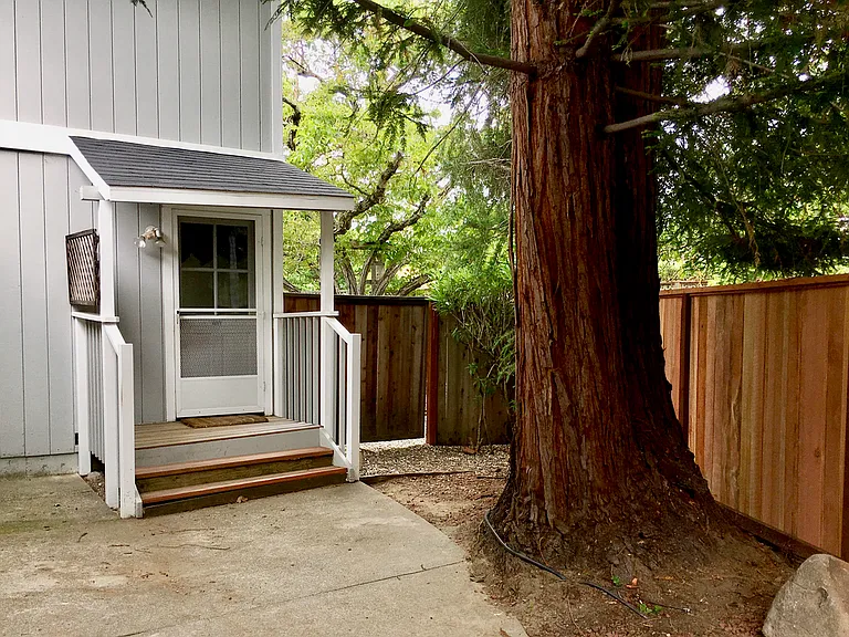 Private entrance shaded by a beautiful Redwood tree.
