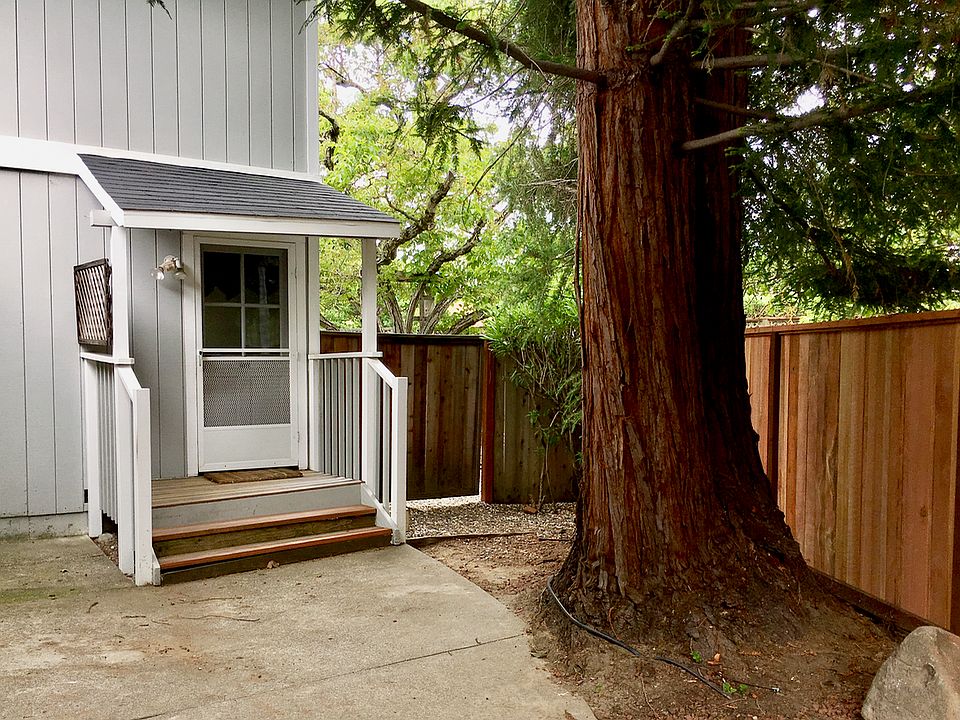 Private entrance shaded by a beautiful Redwood tree.