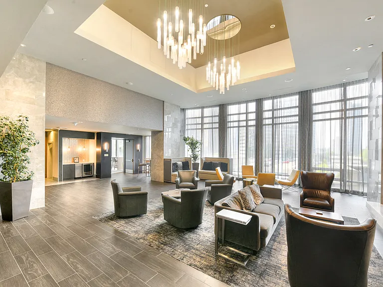 The Bravern features two fireside lobbies with soaring ceilings