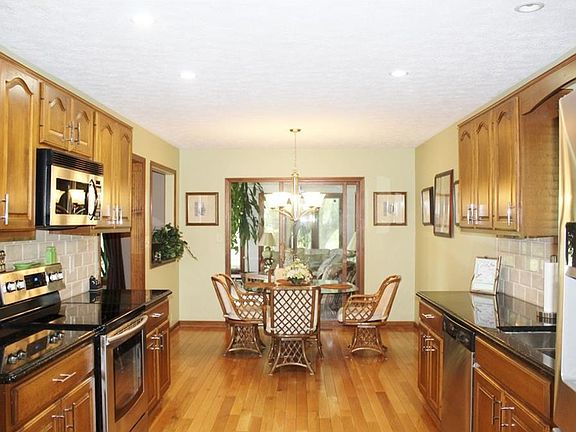 Kitchen and breakfast area with hardwood floors. Hickory raised panel cabinets with granite counter tops. Stainless steel appliances are included