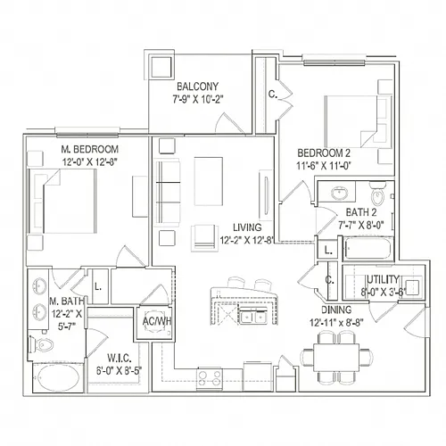 Floor plan 2BR 2BA (1098 SF)