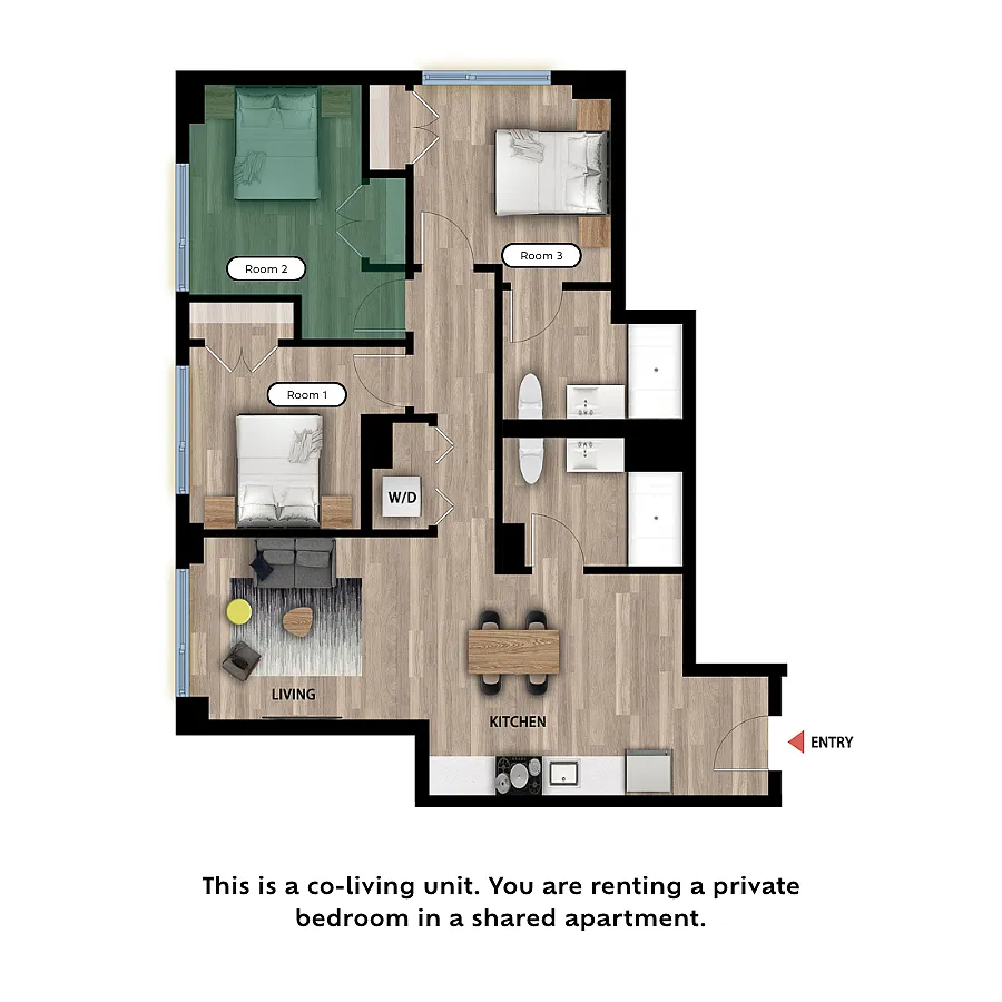 Floor plan Private Bed in a 3 Bed 2 Bath A - RM2