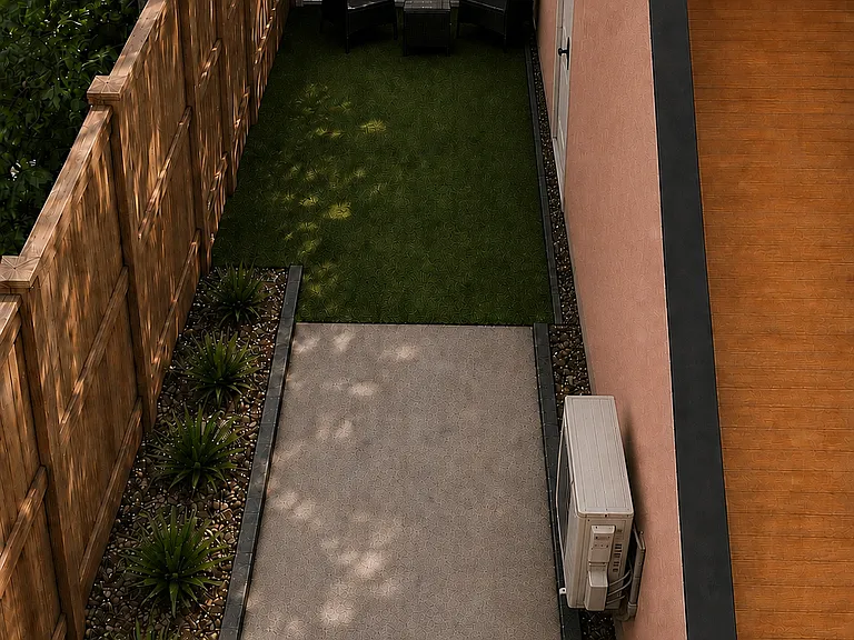 AI-generated, to-scale visualization based on actual measurements, illustrating the efficiency's private patio and independent entrance. Dedicated parking is also available directly in front of the efficiency within the property's driveway (not shown).