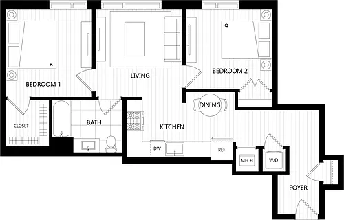 Floor plan 2 Bed/1 Bath-G2