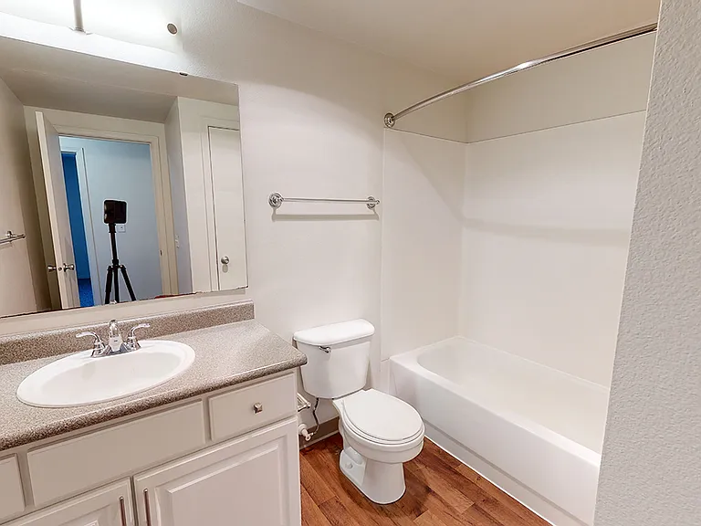 Apartment bathroom with wood-style flooring.