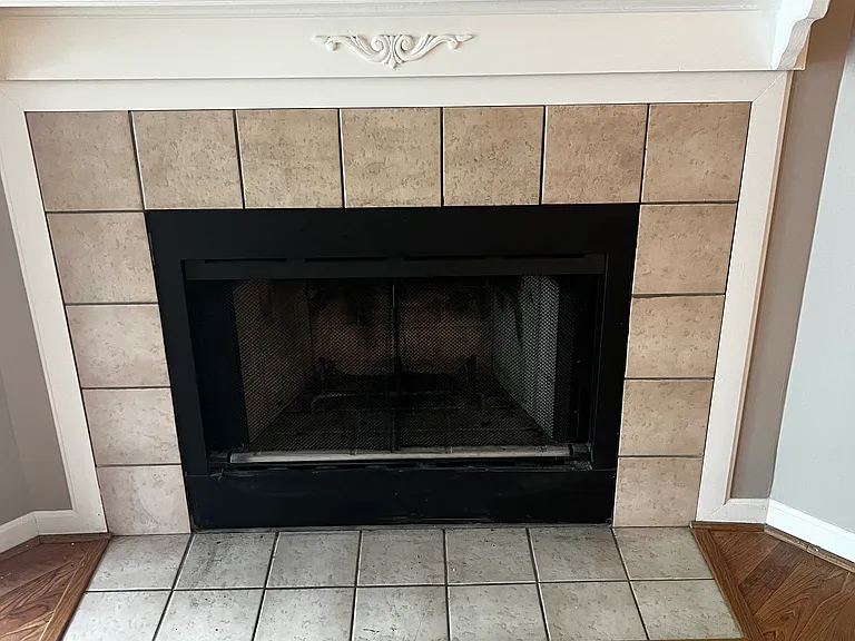 Wood-burning fireplace.