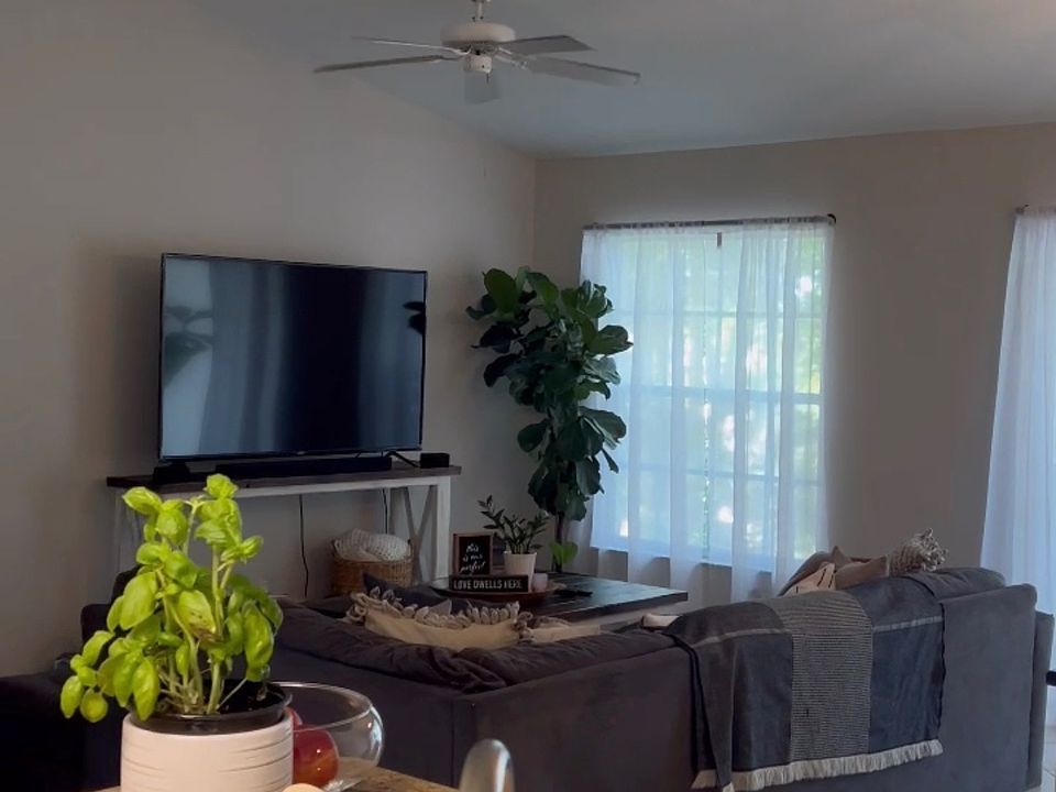 Kitchen counter view into living area
