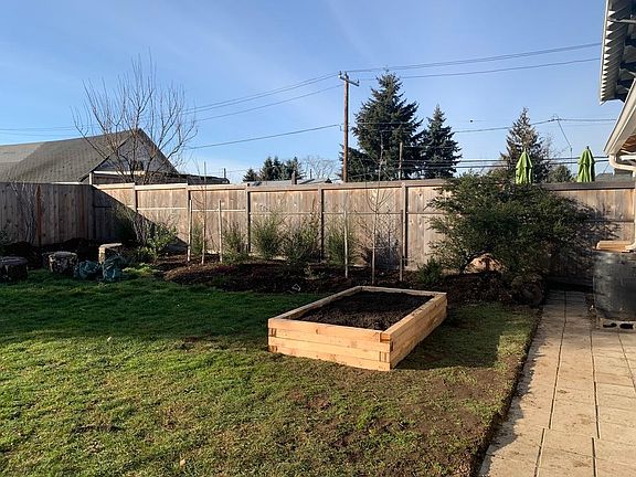 Back yard: new plantings 2020, raised bed, water barrow