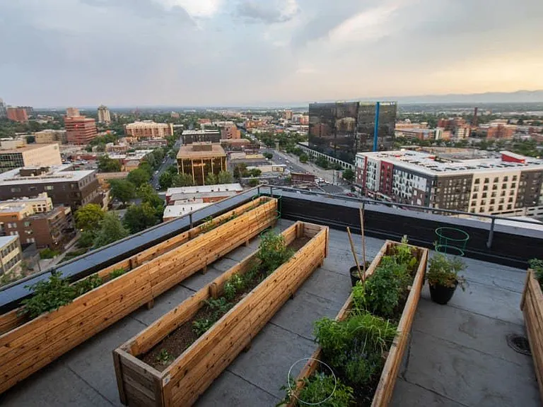 Gardening area for residents to enjoy on the rooftop patio at Archer Tower in Denver, CO