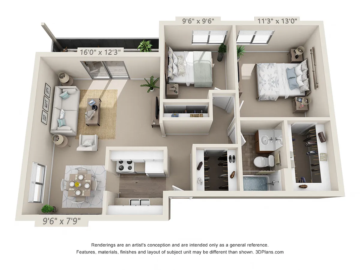 Floor plan 2 Bedroom, 1 Bath (Balconywith Dishwasher)