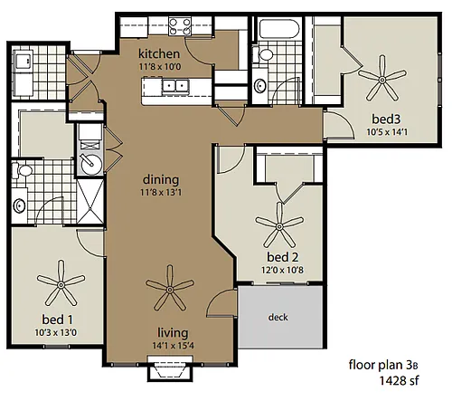 Floor plan 3B 1428 sf