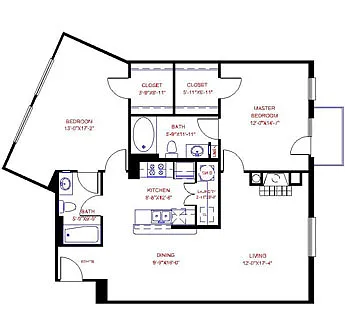 Floor plan Traditional 2x2 1222 SF