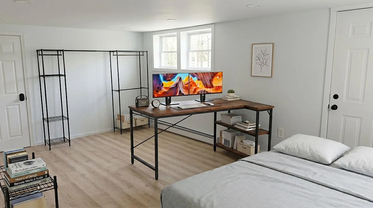 Bedroom with a dedicated work area, large window, and open garment racks for flexible clothing storage. - Holy Cross Rd