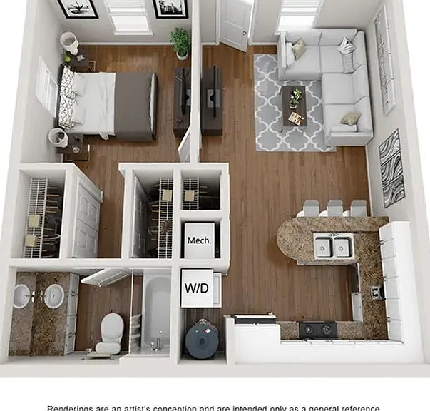 A photo of our 1x1 floor plan, The Carolina.